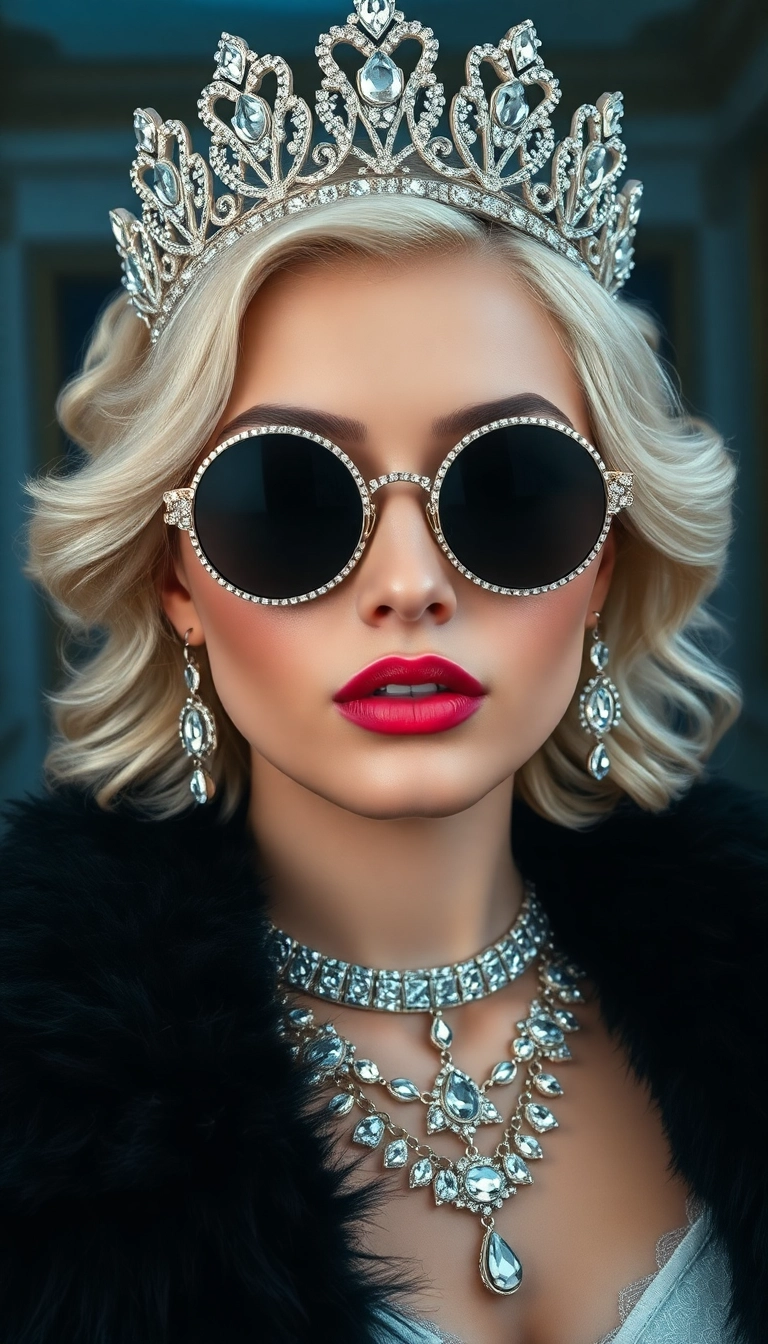 Best AI Young Platinum Blonde Queen in Black Fur Phone Appealing Background